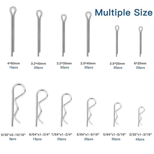 Boatsea 250Pcs Cotter Pin Assortment Kit R Clips Spring Retaining Hair Pins Assortment Kit, Including 6 Sizes 110PCS Cotter Pins and 6 Sizes 140PCS Hairpin Pins, Zinc-Plated