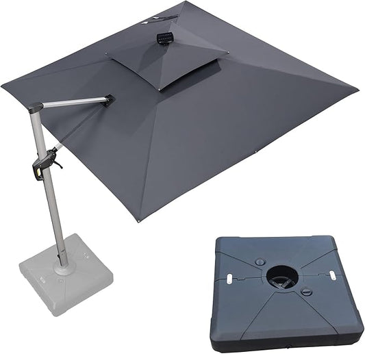 PURPLE LEAF 9 Feet Solar Powered LED Square Cantilever Umbrella With Base Patio Umbrellas Windproof Hanging Outdoor Umbrella Offset Umbrellas, Grey
