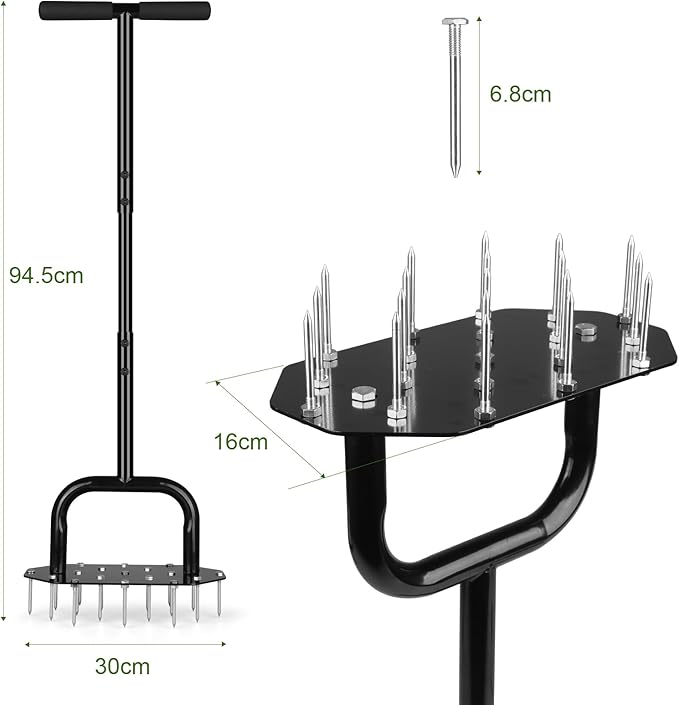 Lawn Aerator Spike Aeration Tool, Manual Grass Aerator Tool with 18 Iron Spikes, 37 Inch Manual Air Aerator Tool, Heavy Duty Lawn Aerating Tool for Grass, Yard
