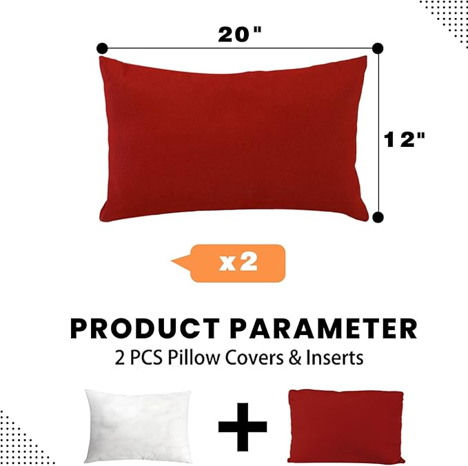 idee-home Outdoor Pillows with Inserts Included, Patio Outside Lumbar Pillows Waterproof Set of 2, 12 x 20 inch Red