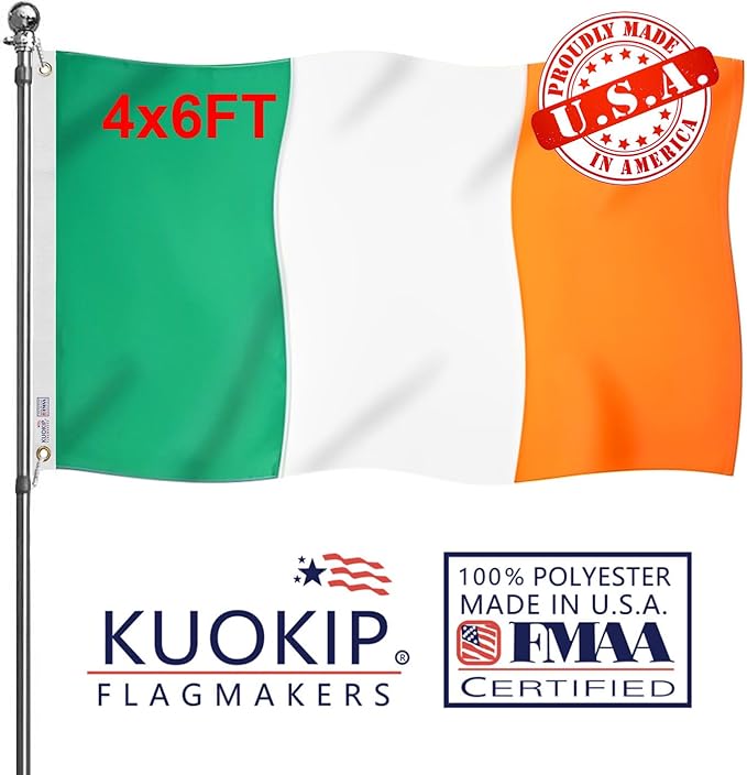 Double Sided Ireland Flag 4x6 Made in USA Outdoor Heavy Duty 3 Ply Polyester Irish Flag with White Starting Tape and 2 Brass Grommets