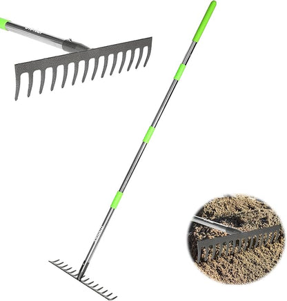 Joyhalo 14-Tine Garden Rake - Adjustable Length 30.5 to 57 Inch, Metal, Levels Soil & Rocks