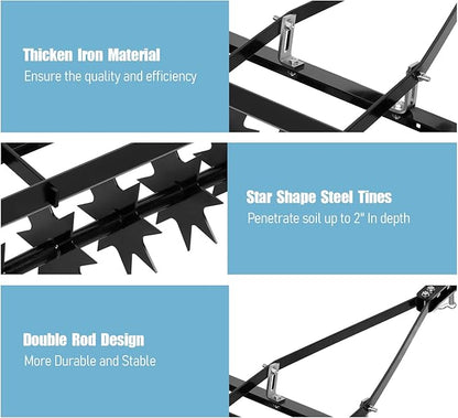 Tow Behind Lawn Aerator with 34-Inch Working Width, Manual Core Plug Aerator with Soil Penetrator Spikes, Durable Steel Construction for Lawn & Garden Aeration