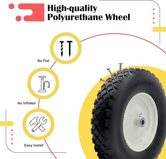 2-Pack 4.80-8 Wheelbarrow Tire and wheel with 3"-6''Centered Hub, 3/4" or 5/8''or 1/2'' Bearings, 16‘’ Tire Assembly for Hand Truck,Garden Cart (4.80/4.00-8 Flat Free,3"Center Hub,Knobby Tread)