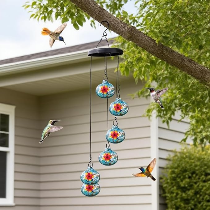 Decorative Glass Wind Chime Type Hummingbird Feeder Hanging Type, Blue with red Floral Design, 6 Hanging Spheres, ant Proof and Sealed, Perfect for Outdoor Garden Decoration.