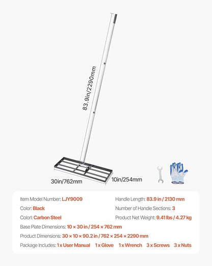 VEVOR Lawn Leveling Rake, Lawn Leveler with 83.9 in Handle, 30x10 in Ground Plate, Rust-Resistant Carbon Steel Soil Leveler, 3 Heights Adjustable, Effort Saving Lawn Leveling Tool for Yard Golf Court
