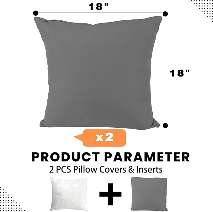 idee-home Outdoor Pillows with Inserts Included, Patio Outside Square Pillows Waterproof Set of 2, 18 x 18 inch Dark Grey