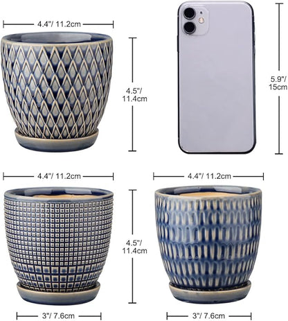 Oairse 4 inches Ceramic Planter Pots 3 Set of Small Round Flower Pots with Drainage Hole and Ceramic Tray for Succulents Cactus Indoor Outdoor Garden Home Windowsill