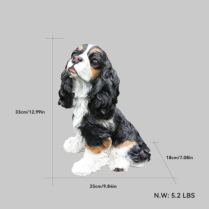 Charming Cavalier King Charles Spaniel Welcome Dog Statue with Solar Lantern, Hand-Painted Sitting Resin Puppy Figurine with Reversible Signs for Garden, Patio, and Porch Décor