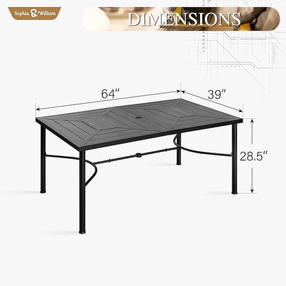 Sophia & William 64" Large Outdoor Dining Table, Rectangular Metal Patio Table for 6, E-Coating Weather-Resistant Dining Table with 1.77" Umbrella Hole for Garden Porch, Black