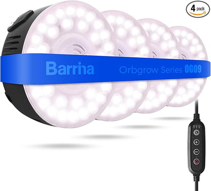 Barrina Orbgrow OG09 Puck Grow Light with Timer, Pinkish White 36W(4 x 9W, 540 Watt Equiv), Full Spectrum Plant Light for Indoor Plants, Magnetic & Linkable, 5 Levels Dimmable, 4 Packs, Black
