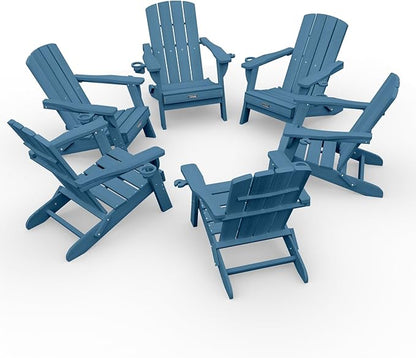 Folding Adirondack Chair Wood Texture 6 Pack, HDPE All-Weather Fire Pit Chairs, Plastic Adirondack Chairs with 2 Cup Holder, Outdoor Lawn Chair for Patio Garden (Navy Blue)