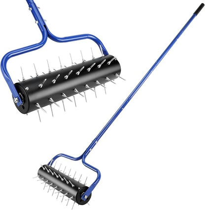21" Rolling Lawn Aerator, 45 Preassembled Spikes, Only Needs 3-5 Minutes to Assemble, No Looseness, No Bending, No Need to Add Weight, 75" Long Handle with Quick Clip Connections - Blue