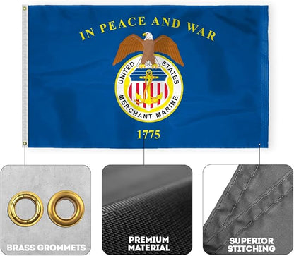 AGAS United States Merchant Marines Flag 4.4x5.6 Ft - Printed 200D Nylon Canvas Header Two Brass Grommets