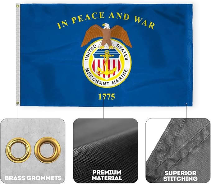 AGAS United States Merchant Marines Flag 3x5 Ft - Printed 200D Nylon Canvas Header Two Brass Grommets US Military Merchant Marines Flag