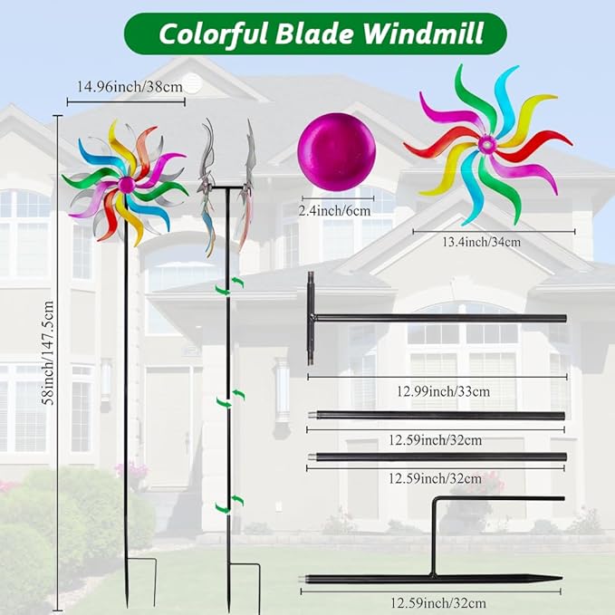 Wind Spinners Outdoor, Colorful Metal Wind Sculptures & Spinners, 15" Dia x 58" H Large Kinetic Windmills for Garden Yard Decor