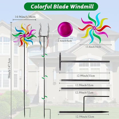 Wind Spinners Outdoor, Colorful Metal Wind Sculptures & Spinners, 15" Dia x 58" H Large Kinetic Windmills for Garden Yard Decor