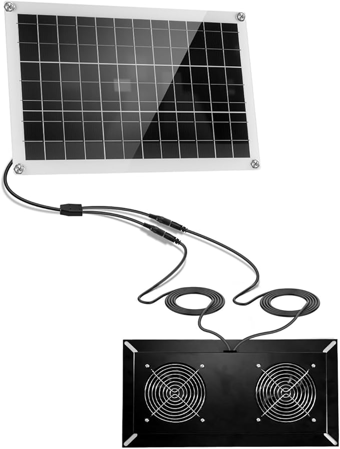 20W Solar Powered Vent Fan with Monocrystalline Panel, Dual Blades Solar Ventilation Fan with Metal Shell, Waterproof Outdoor Exhaust Fans for Greenhouse Chicken Coop Shed Pet House