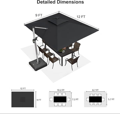 PURPLE LEAF 9' X 12' Solar Powered LED Rectangle Cantilever Umbrella With Base Patio Umbrellas Windproof Hanging Umbrella Outdoor Offset Umbrellas, Black