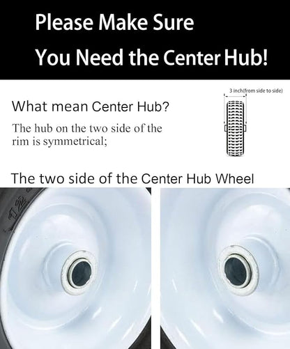 Flat Free 4.10/3.50-4 Tire with 3/4 & 5/8 Axle Bore, 3” Center Hub 10 inch Solid Tire Replacement for Hand Truck/Wagon/Garden Cart/Wheelbarrow/Dolly(Set of 2)