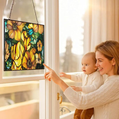 Rectangle Sun Lotus Stained Glass Suncatcher Window Hangings, Suncatchers Colorful Glass Panel Sun Catchers Gifts, Decoration for Home Garden Christmas Party Wedding