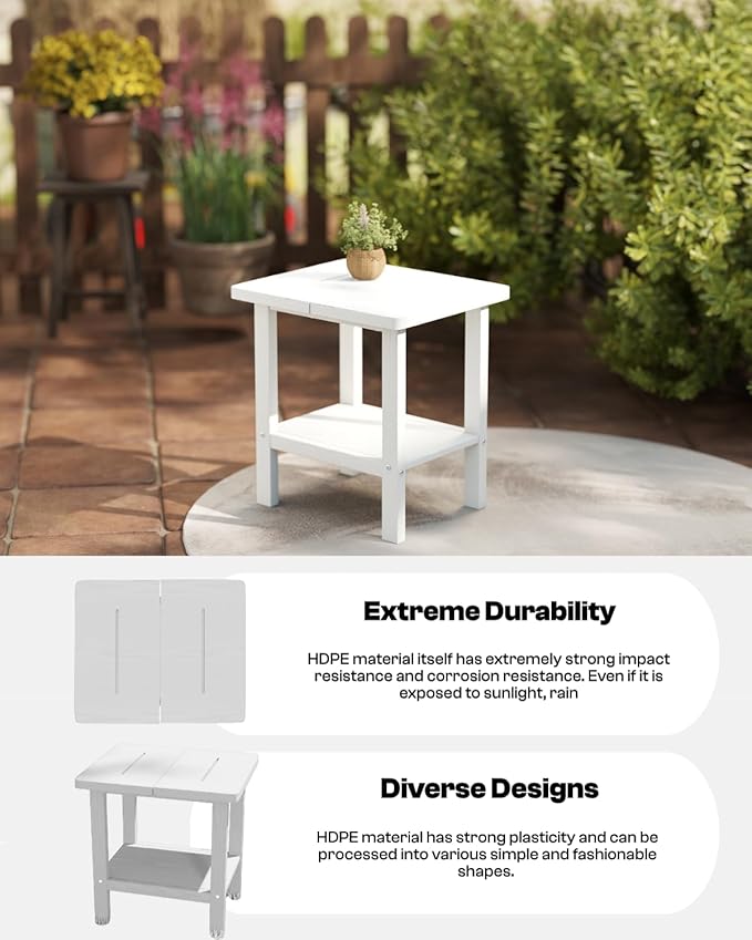 Kingdura Adirondack Outdoor Side Table, 16 x 13 Inches HDPE Plastic Outside End Tables for Patio Pool Porch Backyard Indoor, 2 Tiers Storage Shelf, All Weather Resistant, Easy Maintenance (White)