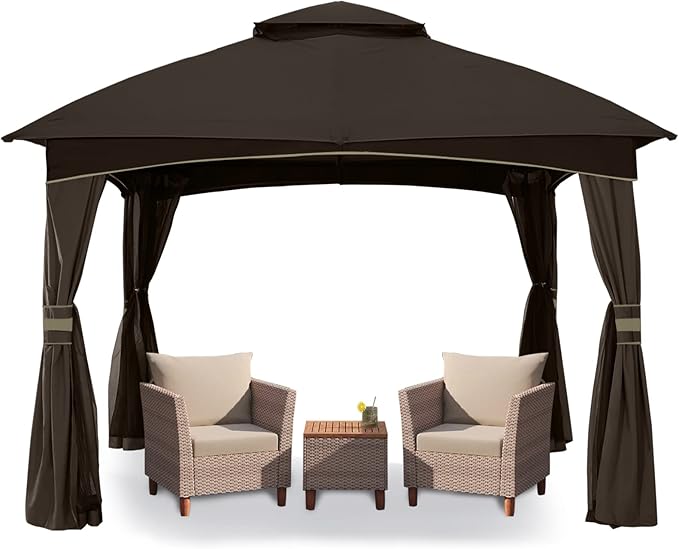 MASTERCANOPY Outdoor Patio Gazebo for Garden with Upgrade Steel Frame and Netting Walls (8x8,Brown)