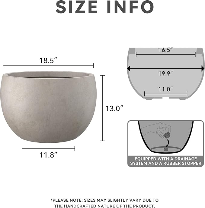 Kante 19.9" Dia Round Concrete Planter, Outdoor/Indoor Large Bowl Plant Pots with Drainage Hole and Rubber Plug for Garden Patio Balcony Home, Weathered Concrete