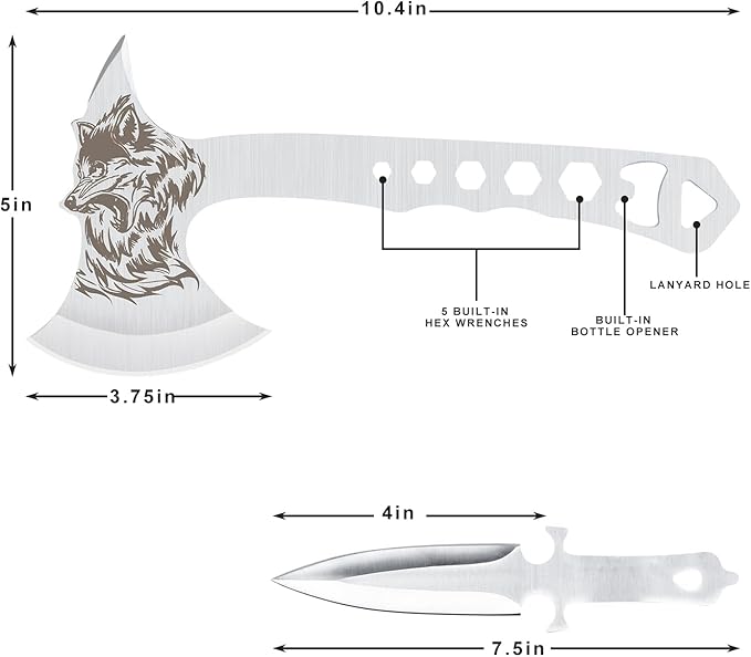 Throwing Axe and Tomahawk 3 Pack Protective Nylon Sheath with Built-in Corkscrew,10.4" Full Tang Stainless Steel Throwing Tomahawk Silver