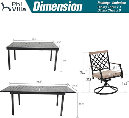PHI VILLA 9 Pieces Outdoor Dining Set, Expandable Metal Table (64"-82") and 8 Swivel Dining Chairs – Perfect for Patio, Garden, Deck, Porch, and Yard, 9PCS Outdoor Dining Set Style 3