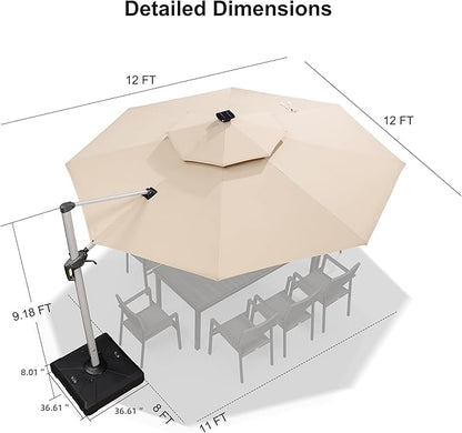 PURPLE LEAF 12ft Patio Umbrella With Base Solar powered LED Cantilever Umbrella with LED lights Windproof Outdoor Offset Umbrella for Garden Deck Pool Patio, Beige