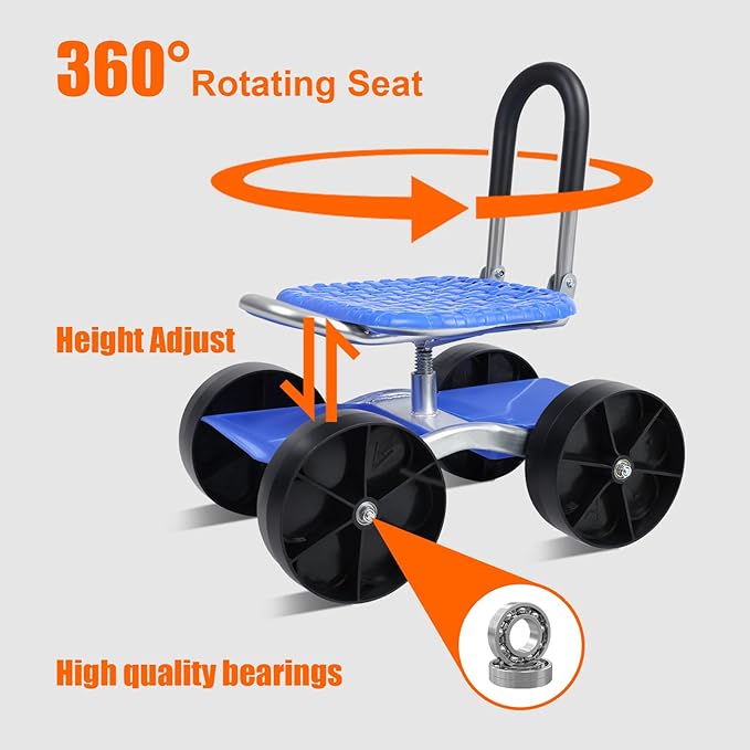 Rolling Garden Cart with Seat, Adjustable 360° Swivel Garden Stool with Wheels, Outdoor Lawn Yard Rolling Work Seat, Patio Scooter on Wheels for Lawn Yard Planting (Blue)