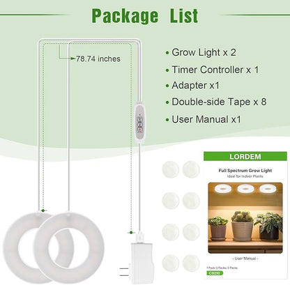 LORDEM Ceiling Grow Light for Indoor Plants, 96 LEDs Full Spectrum LED Plant Light, 5V Plant Lamp with 4/8/12H Auto Switch, 4 Dimmable Brightness Levels, Ideal for Small Plants, Dual Head, Corded