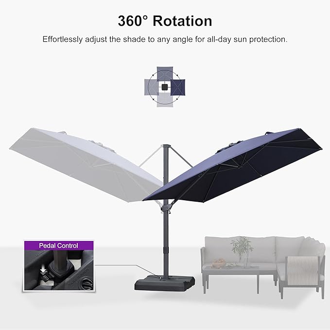 PURPLE LEAF 9' × 9' Patio Cantilever Umbrella with Base Outdoor Square Adjustable Offset Umbrellas with 360-degree Rotation and 8 Heavy Duty Metal Ribs for Garden Deck Pool Navy Blue