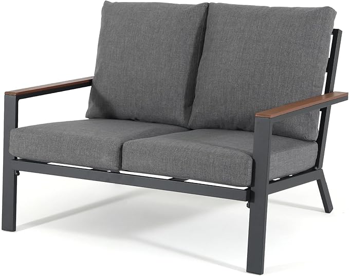 Soleil Jardin Aluminum Patio Furniture Loveseat, Outdoor 2 Seats Sofa Couch with FSC Certified Solid Wood Top, Outdoor Conversation Set Deep Seating Loveseat w/Removable Cushion, Dark Grey