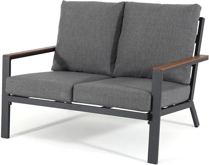 Soleil Jardin Aluminum Patio Furniture Loveseat, Outdoor 2 Seats Sofa Couch with FSC Certified Solid Wood Top, Outdoor Conversation Set Deep Seating Loveseat w/Removable Cushion, Dark Grey