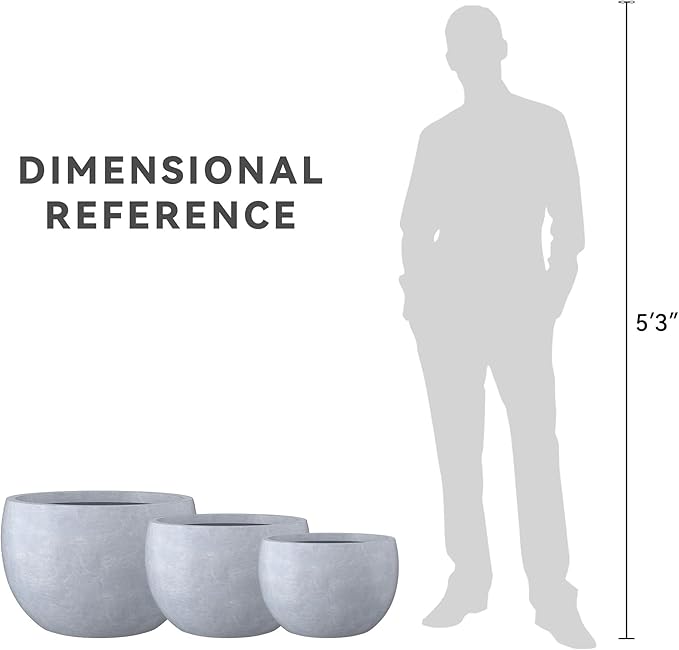 Kante 19.9",15.7",11.8" Dia Round Concrete Planter Set of 3, Outdoor/Indoor Large Bowl Plant Pots with Drainage Hole and Rubber Plug for Garden Patio Balcony Home, Gray