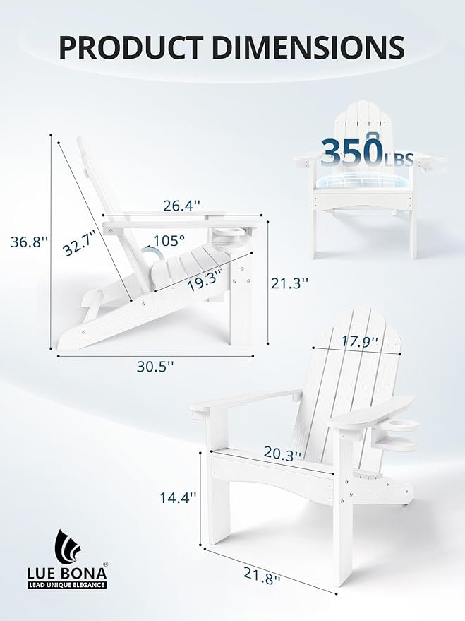 LUE BONA HDPE Adirondack Chairs Set of 4,Plastic Adirondack Chairs with Cup Holder Weather Resistant for Outdoor, Patio, Lawn, Garden, Backyard Deck, Fire Pit, White