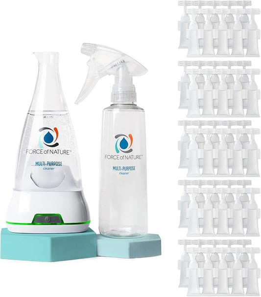 Force of Nature Multi-Purpose Cleaner, Disinfectant & Deodorizer Year Supply Bundle - Reusable Bottle, 50 Refills - EPA Registered, Toxin-Free, All-Purpose Natural Cleaning Supplies
