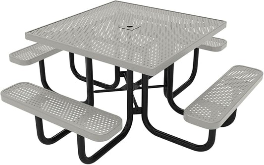 COATEDOUTDOORFURNITURE Heavy-Duty Portable Outdoor Picnic Table with Umbrella Hole, Punched Steel Commercial-Grade Patio Dining Furniture Made in America (46" Square Top, Grey)