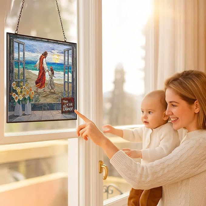 Rectangle I Hope You Dance Christian Stained Glass Sun Catcher, Wall Hanging Colored Decor Room Outdoor Window Decor, Halloween, Christmas Hanging Ornament Mother Day