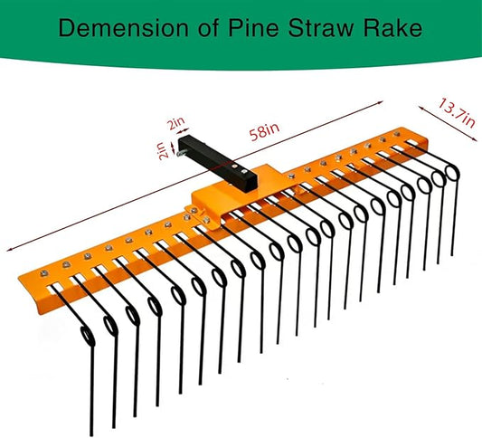 5FT Durable Pine Straw Rake Steel Spring Landscape Rake Fits 2" Receiver for Lawn Tractors or ATV/UTV Orange