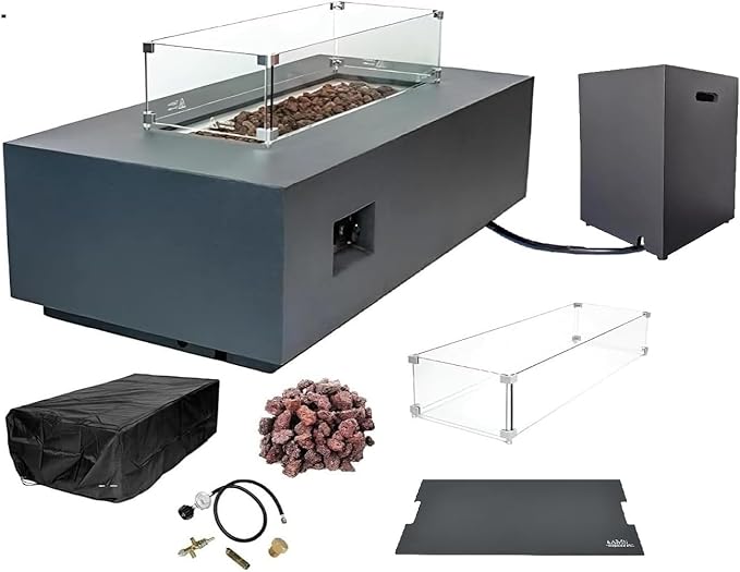 AMS Creations | Chelsea 55 inches Rectangular Propane Gas Outdoor Fire Pit Table | Concrete GFRC Fire Pit Table | with SS Burner, Tank Cover, Canvas Cover, SS Lid, Lava Rock, and Wind Guard Included