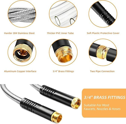 Garden Hose 50FT, Stainless Steel Water Hose with Nozzle, Flexible, Lightweight, Puncture Proof, Never Kink & Tangle, Heavy Duty Garden Hose for Yard and Outdoor