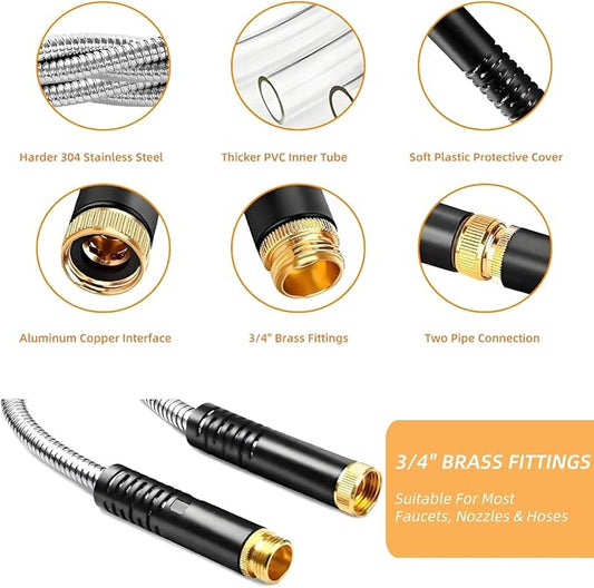Garden Hose 50FT, Stainless Steel Water Hose with Nozzle, Flexible, Lightweight, Puncture Proof, Never Kink & Tangle, Heavy Duty Garden Hose for Yard and Outdoor