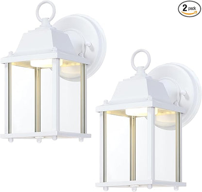 LIT-PaTH Outdoor LED Wall Lantern, Wall Sconce as Porch Light, 9.5W 800 Lumen, Aluminum Housing Plus Glass, 3000k-Matte White Finish, 2-Pack