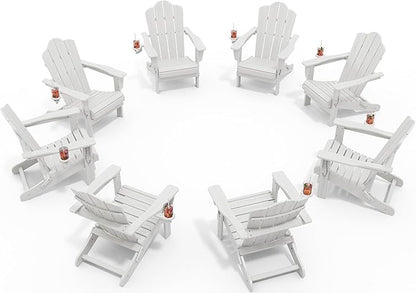 KINGYES Folding Adirondack Chair Set of 8, HDPE All-Weather Patio Chairs with Cup Holder, Wooden Textured Fire Pit Chairs for Poolside, Backyard, Deck, White