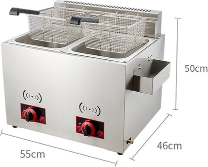 Professional Stainless Steel Commercial Gas Desktop Fryer, Large Capacity Fried Chicken and Potato Chips Outdoor Propane Lpg Double Tank Fryer, Restaurant Kitchen Fryer with Frying Basket and