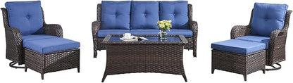 HUMMUH Patio Furniture 6 Pieces Outdoor Furniture Set Wicker Outdoor Sectional Sofa with Swivel Rocking Chairs,Patio Ottomans,Patio Coffee Table