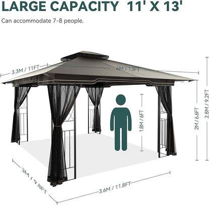 11x13 Outdoor Patio Gazebo with Mosquito Netting and Corner Frame Screen Wall, Double Roofs Metal Frame Party Canopy Tent Shelter for Backyard Garden Deck - Brown